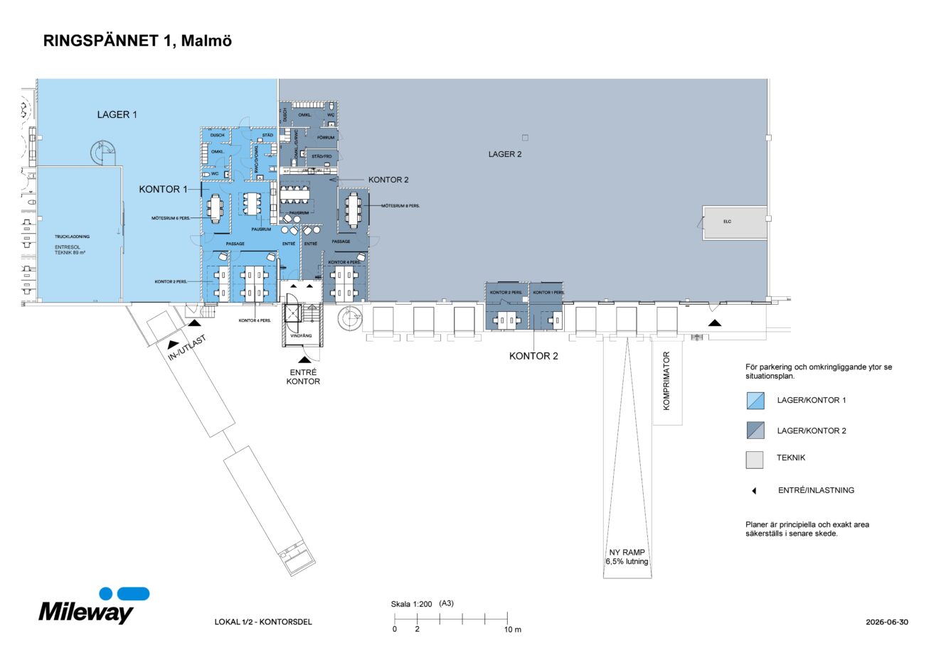 Planritning över Ringspannet 1 i Malmö med angivna kontor, lagerlokaler, tekniska utrymmen, ingångar, förklaringsnyckel och skala.