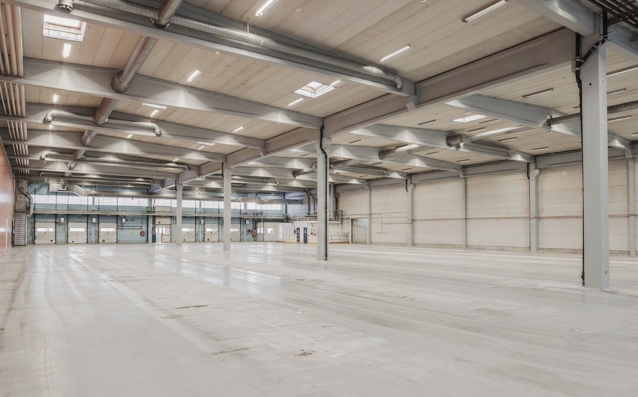 Ett rymligt, tomt industrilager med högt i tak, framträdande stödbjälkar, takfönster och ett polerat betonggolv.