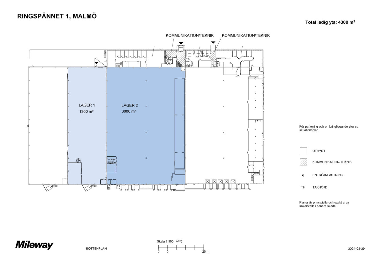 Planritning över ett lager i Malmö, med två märkta lager (Lager 1 och Lager 2), kontorsutrymmen och teknikutrymmen; total tillgänglig yta är 4300 m².