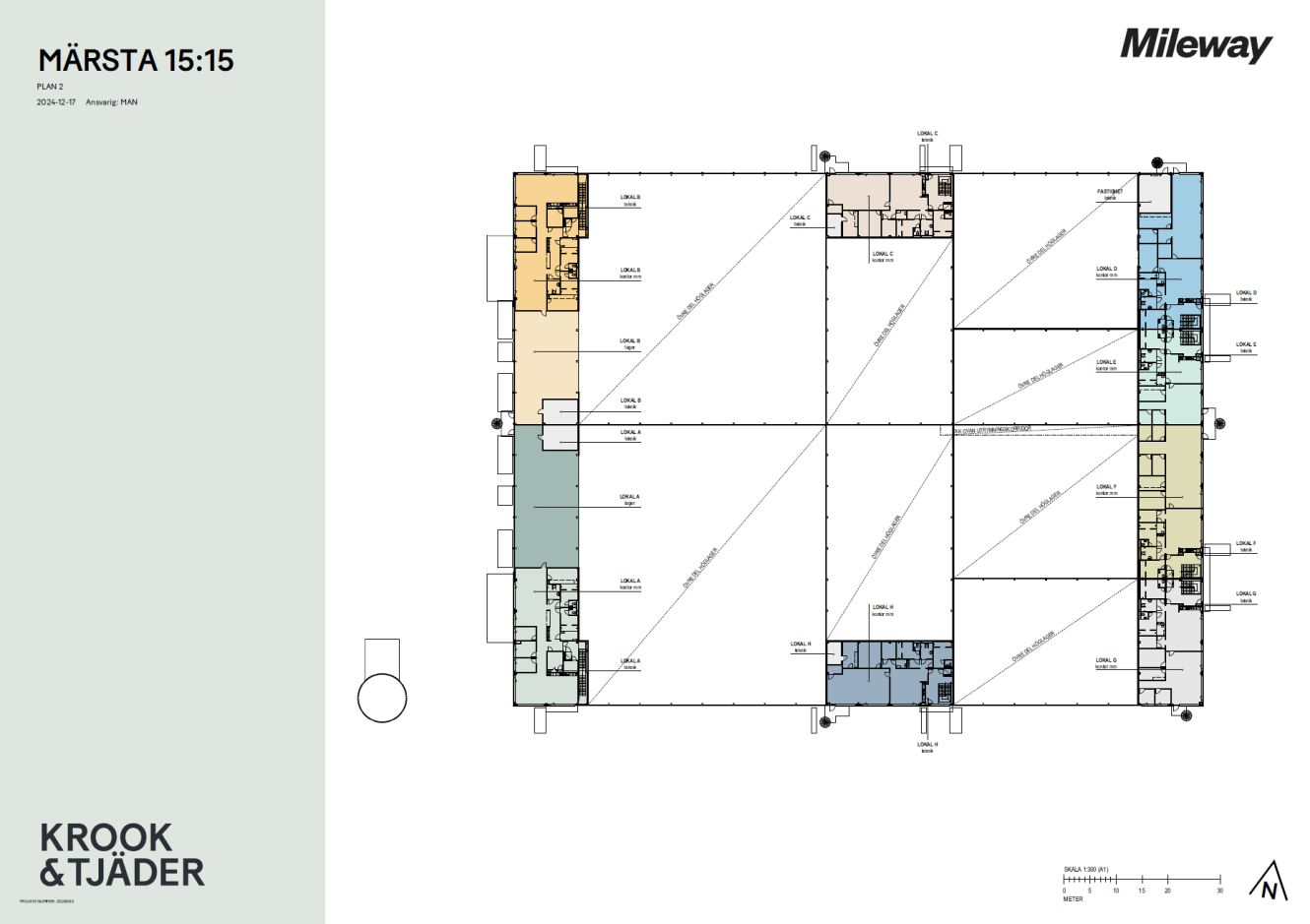 Arkitektonisk planritning över MÄRSTA 15:15-byggnaden, med olika rum färgkodade per sektion, med mått och etiketter, ritad av Krook & Tjäder för Mileway.