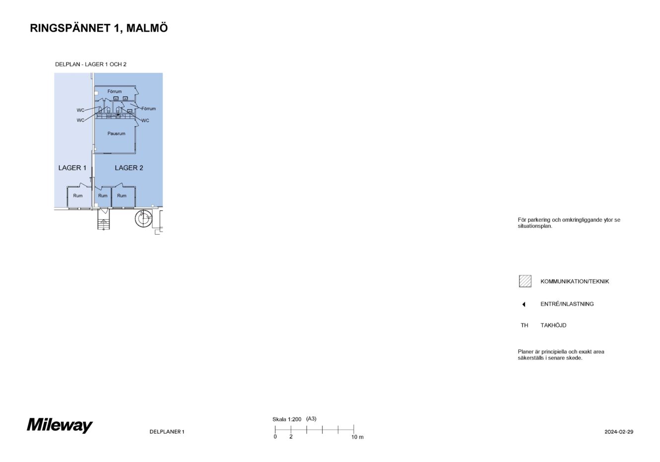 Planritning över Ringspännet 1 i Malmö som visar Lager 1, Lager 2, WC, kontor och entréer, med etiketter och symboler för kommunikations- och accesspunkter.