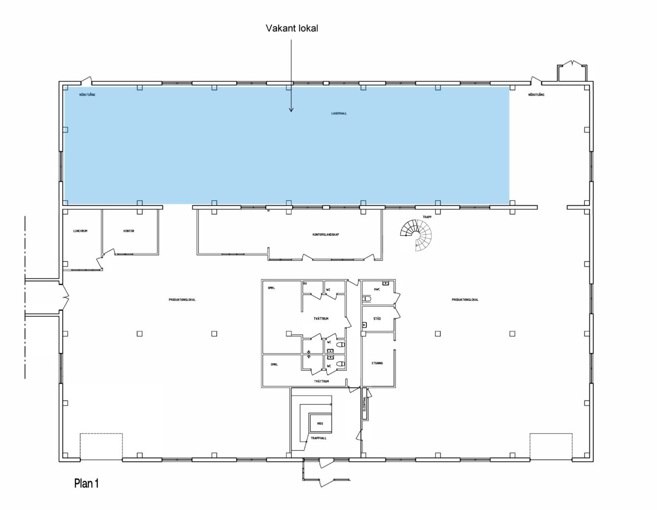 Planritning som visar en stor rektangulär byggnad; den övre delen är blåmarkerad och märkt Vakant lokal, vilket indikerar ett ledigt område.