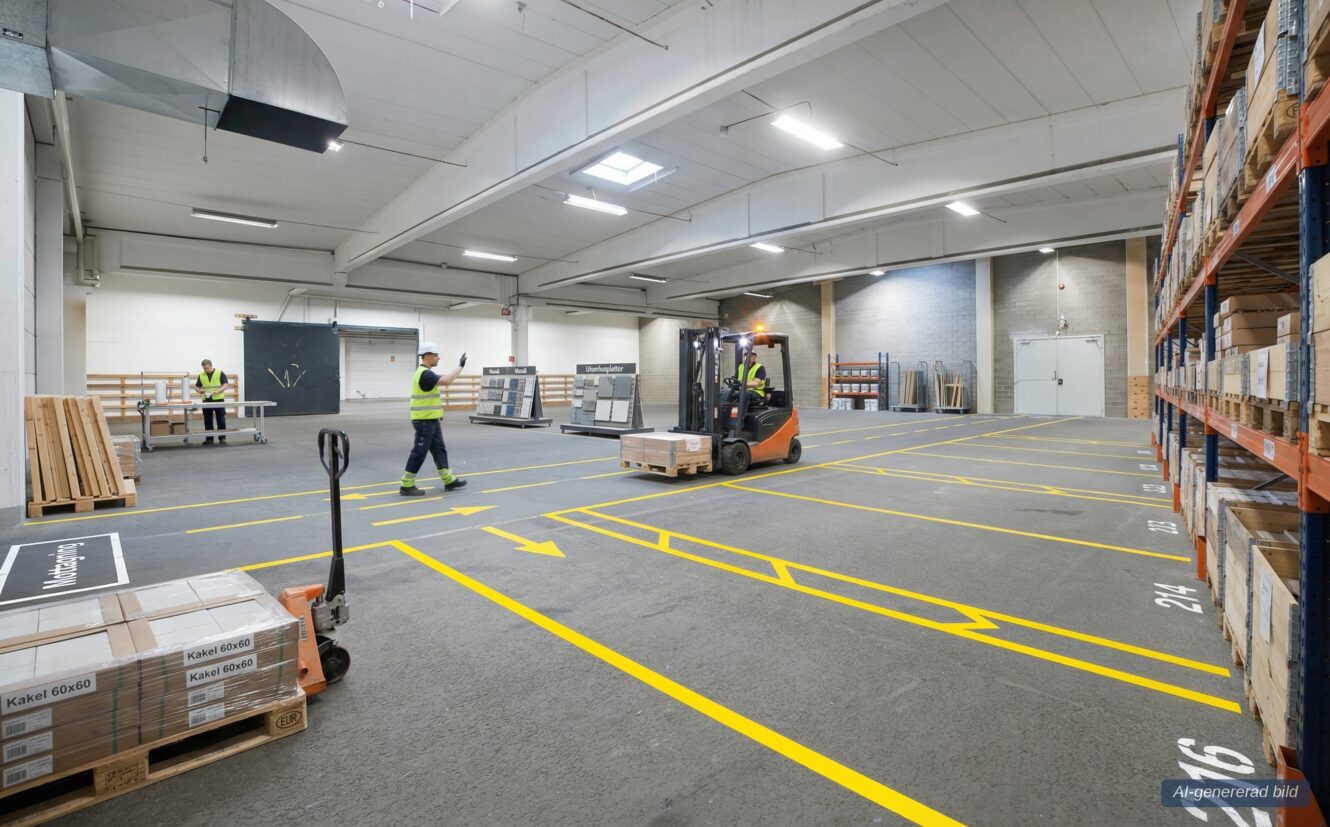 En lagerlokal med arbetare i skyddsvästar; en kör en gaffeltruck som flyttar en pall, medan andra arbetar vid hyllor och pallar. Stark takbelysning och organiserad förvaring.