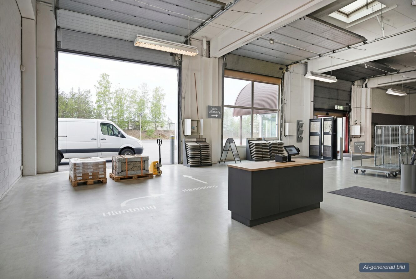 En modern lagerlokal med en öppen lastkaj, en vit skåpbil utanför, pallar på golvet, vagnar och ett centralt skrivbord med datorer.