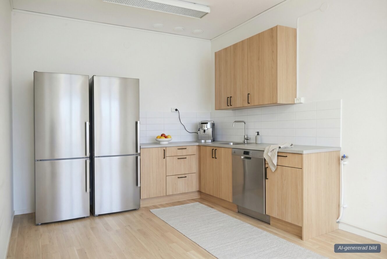 Modernt kök med två kylskåp i rostfritt stål, skåp i ljust trä, diskmaskin, kaffebryggare och stänkskydd i vitt kakel. En ljus matta ligger på trägolvet.