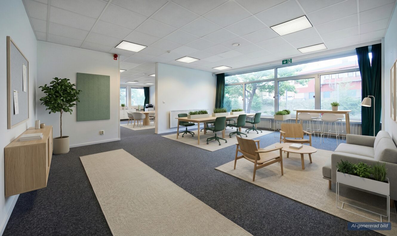 Modernt kontor med loungeområde, mötesbord, stora fönster, inomhusväxter och neutral inredning. Gott om naturligt ljus fyller den öppna, prydliga planlösningen.