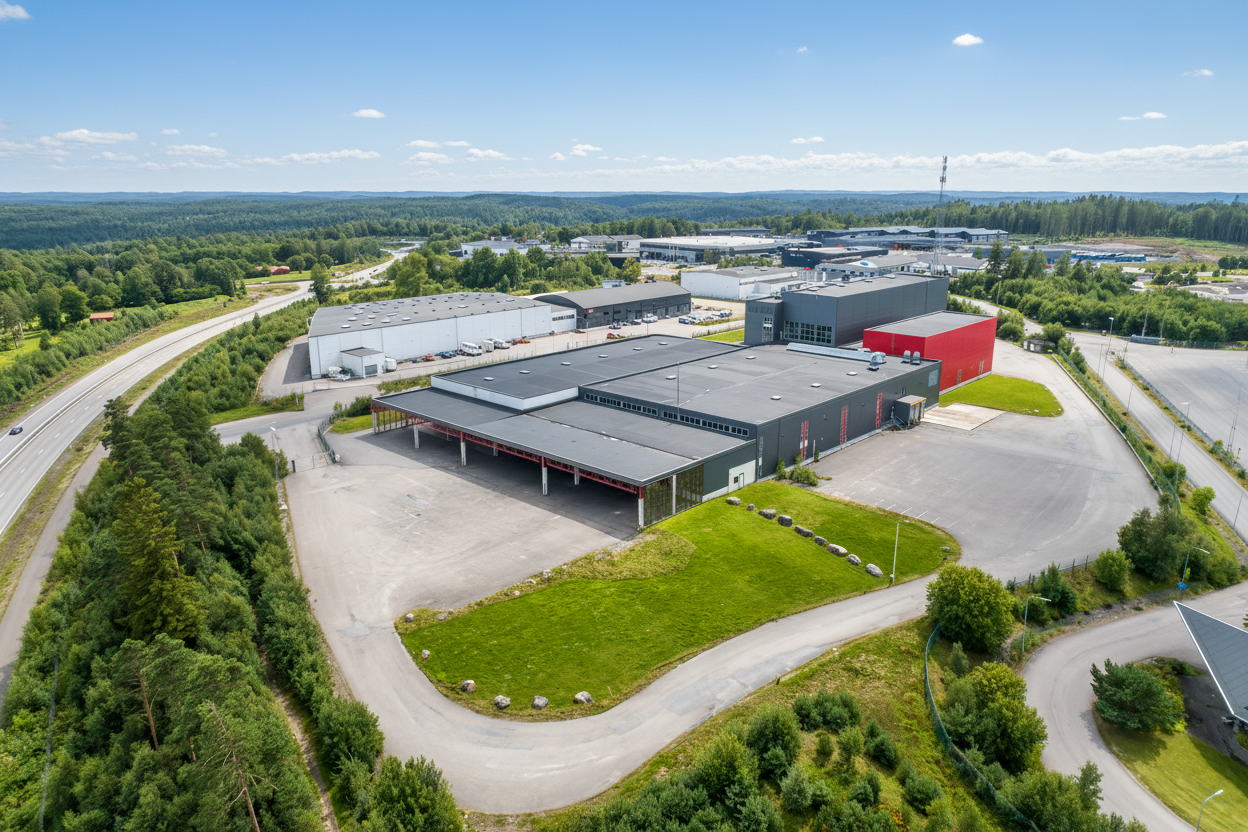 Flygfoto över ett stort industriellt lagerkomplex med en röd sektion, omgivet av vägar, träd och grönska under en delvis molnig himmel.
