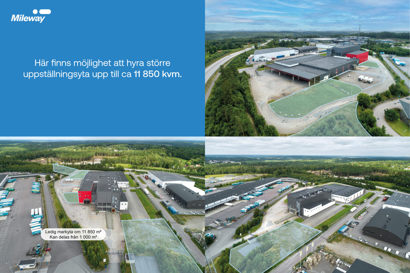 Flygbilder över ett industriområde med markerade uthyrningsytor, grönområden och parkeringsplatser; texten anger 11 850 kvm uthyrningsbar yta.