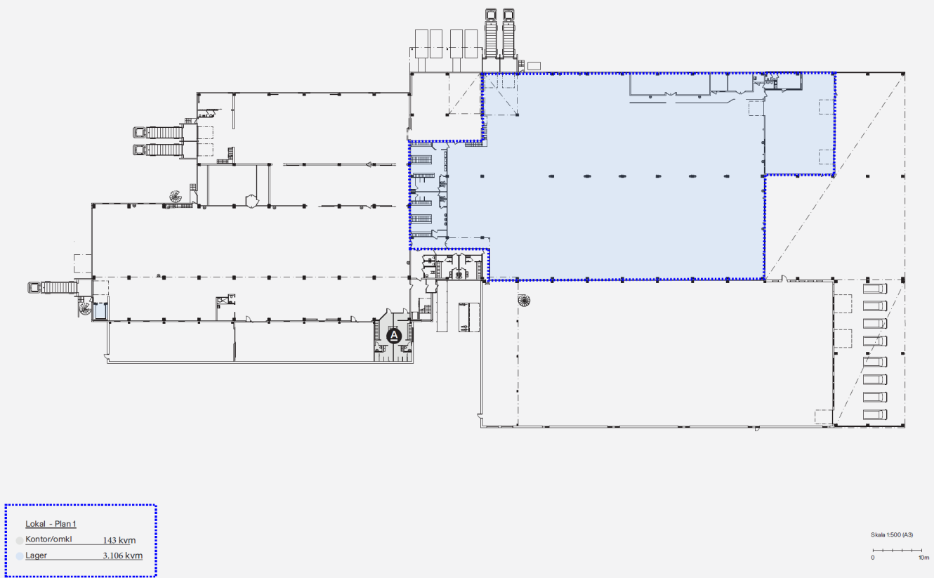 Planritning som visar kontorsytor (1.615 kvm) och lagerytor (3.116 kvm) som är markerade på ritningen.