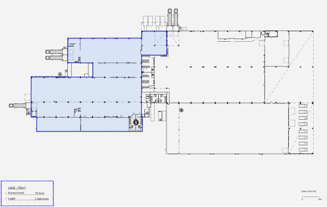 Ritning över en byggnads planlösning med blåskuggade områden märkta Kontor/kontor (772 m²) och Lager (2 686 m²), vilket indikerar kontors- och lagerutrymmen.