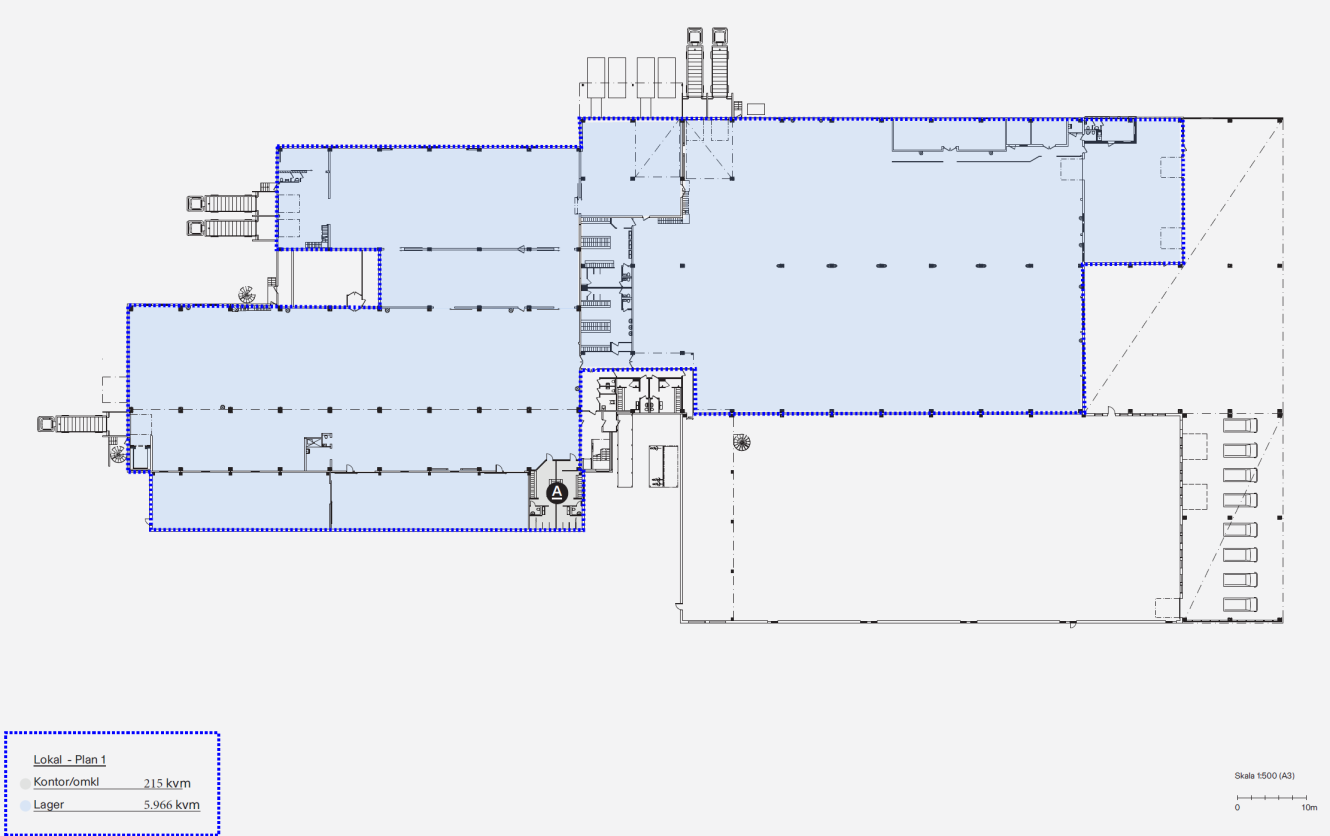 Planritning med markerade utrymmen för Lobud, Kontor/lokal och Lager, med mått och skisserade utrymmen samt parkeringsplatser på höger sida.