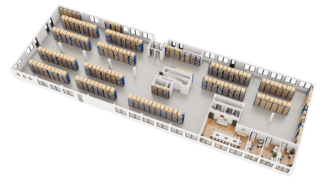 3D-planritning av ett lager med flera rader av hyllor, en central öppen gång och separata kontors- och mötesrum i en sektion.