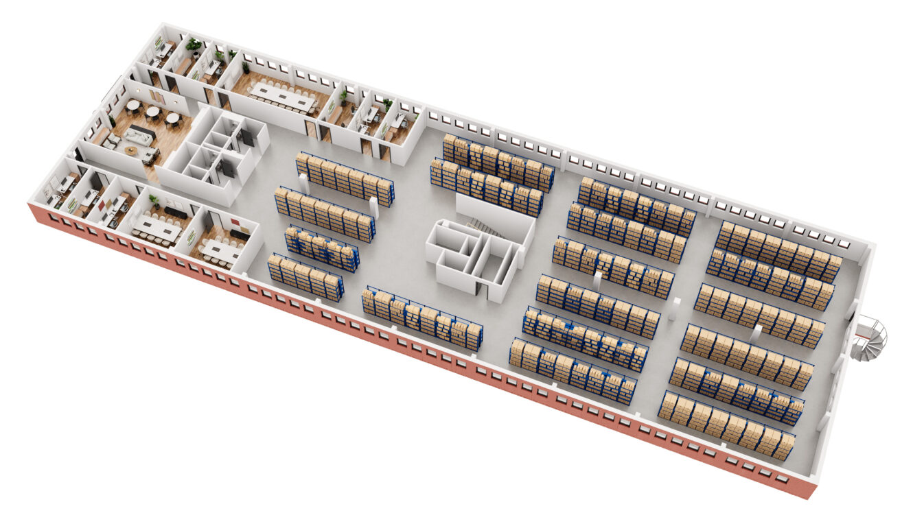 3D-rendering av en lagerplanlösning med flera hyllor, förvaringsställ och flera kontorsrum längs en vägg.