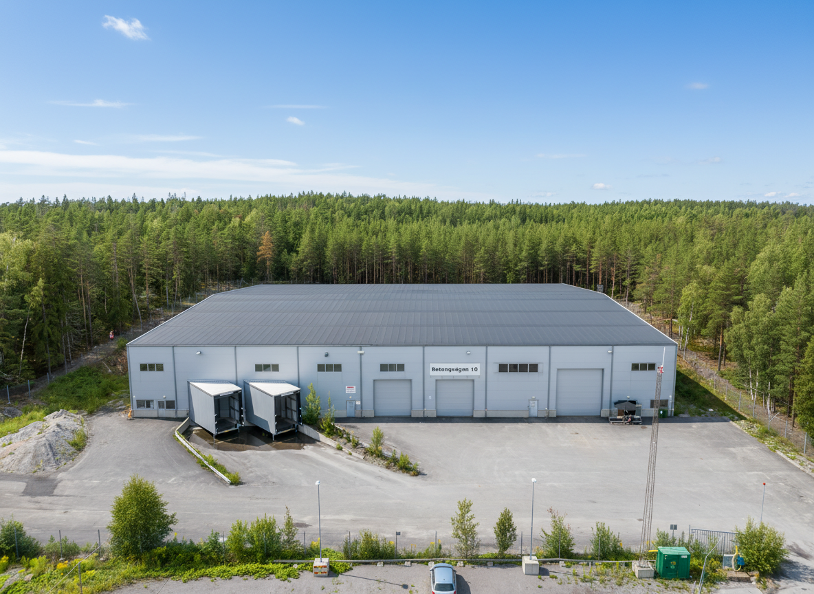 En stor grå lagerlokal med flera lastkajer ligger framför en tät skog under en klarblå himmel.