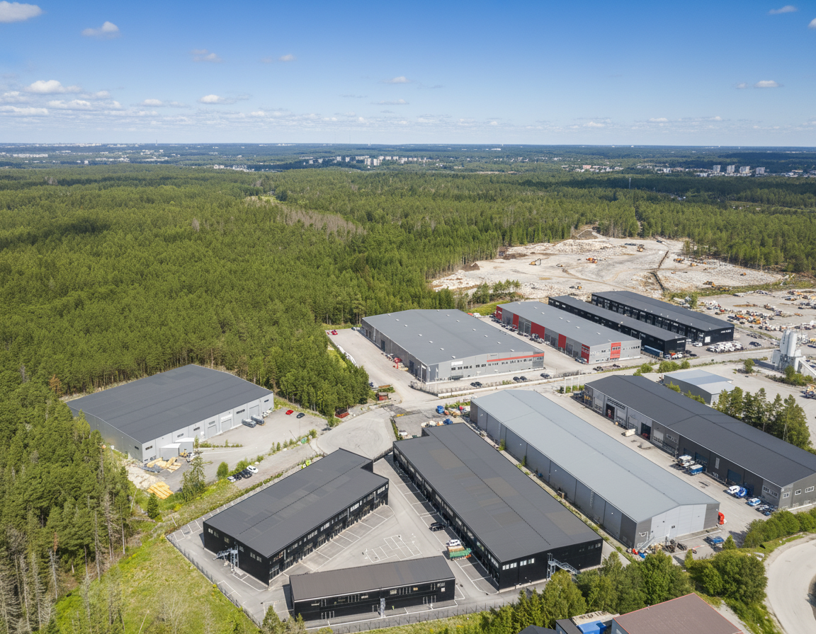 Flygfoto över en industripark med flera lagerlokaler omgivna av skogsområden under en klarblå himmel.