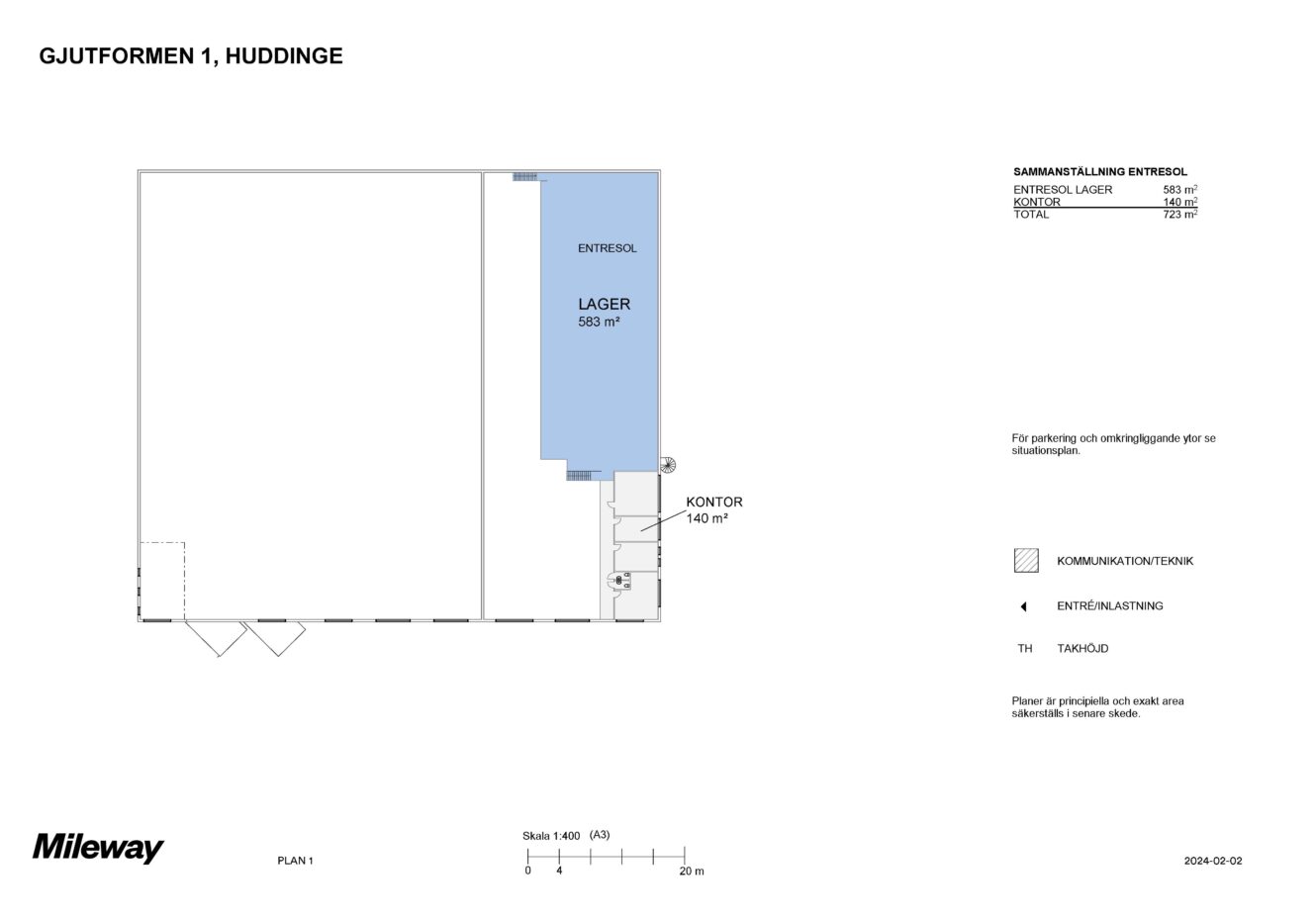 Planritning som visar en lagerlokal (565 m² i blått), ett entresolplan, ett kontorsutrymme på 140 m², entré och teknikrum märkta; inkluderar mått och en teckenförklaring till höger.