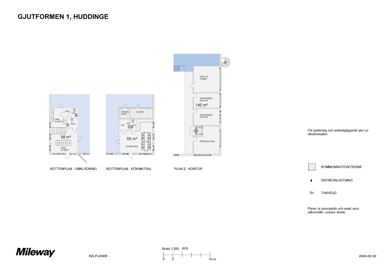 Planritning för Gjutformenvägen 1, Huddinge, som visar bottenvåning med lager och personalrum samt övervåning med kontor. Inkluderar ytmått och teckenförklaring.