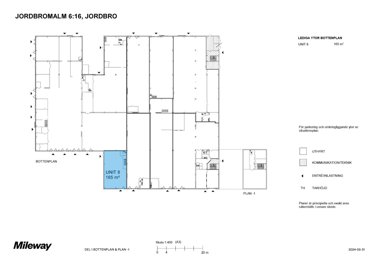 Planritning över en byggnad med olika enheter markerade; UNIT 8 är markerad med blått, märkt som 165 m², belägen nära det nedre vänstra hörnet.