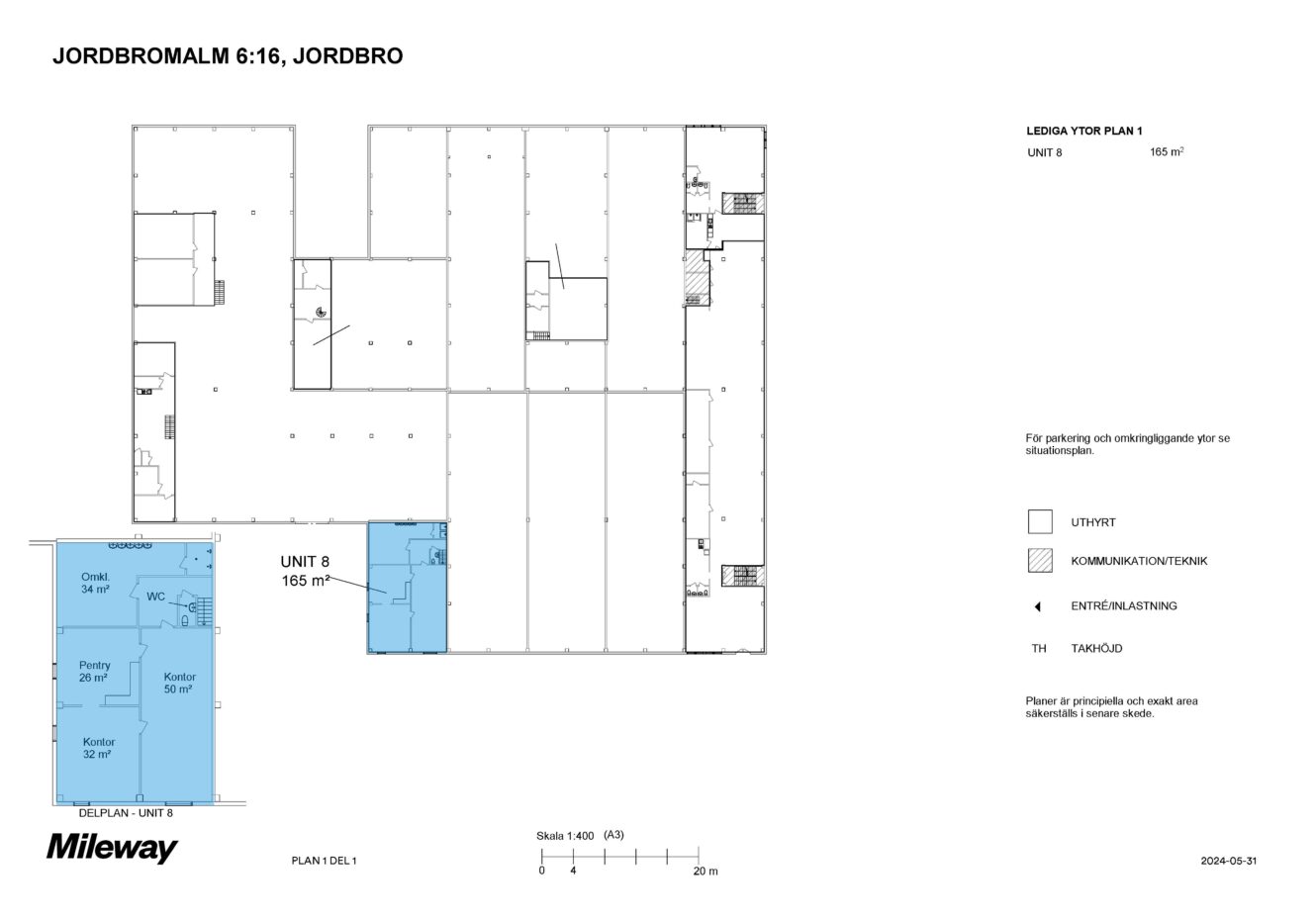Planritning över Jordbromalm 6:16, Jordbro, med markeringen Unit 8 (165 m²) i blått med märkta rum samt nyckel till unit och teknikutrymmen.