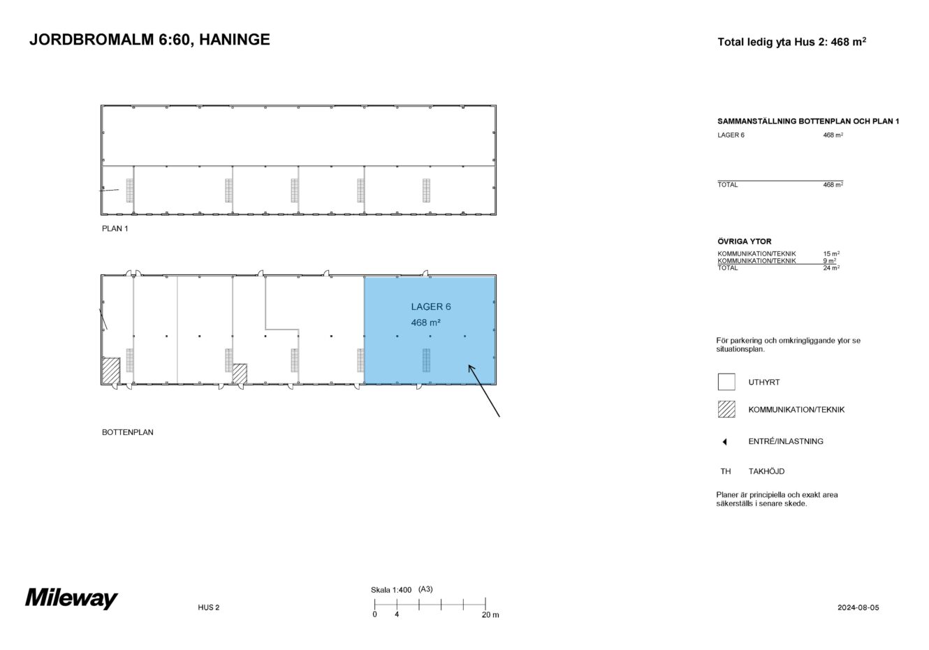 Planritning över en byggnad i Haninge med ett markerat lager med beteckningen LAGER 5 (468 m²). Innehåller förklaringsnyckel och skala.