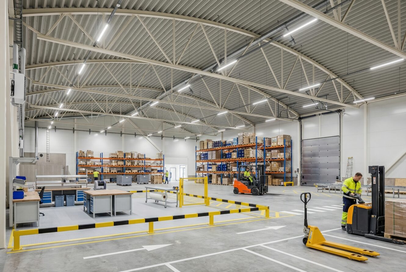 Rymlig lagerlokal med högt i tak, hyllor fyllda med lådor och arbetare som använder pallbockar och gaffeltruckar.