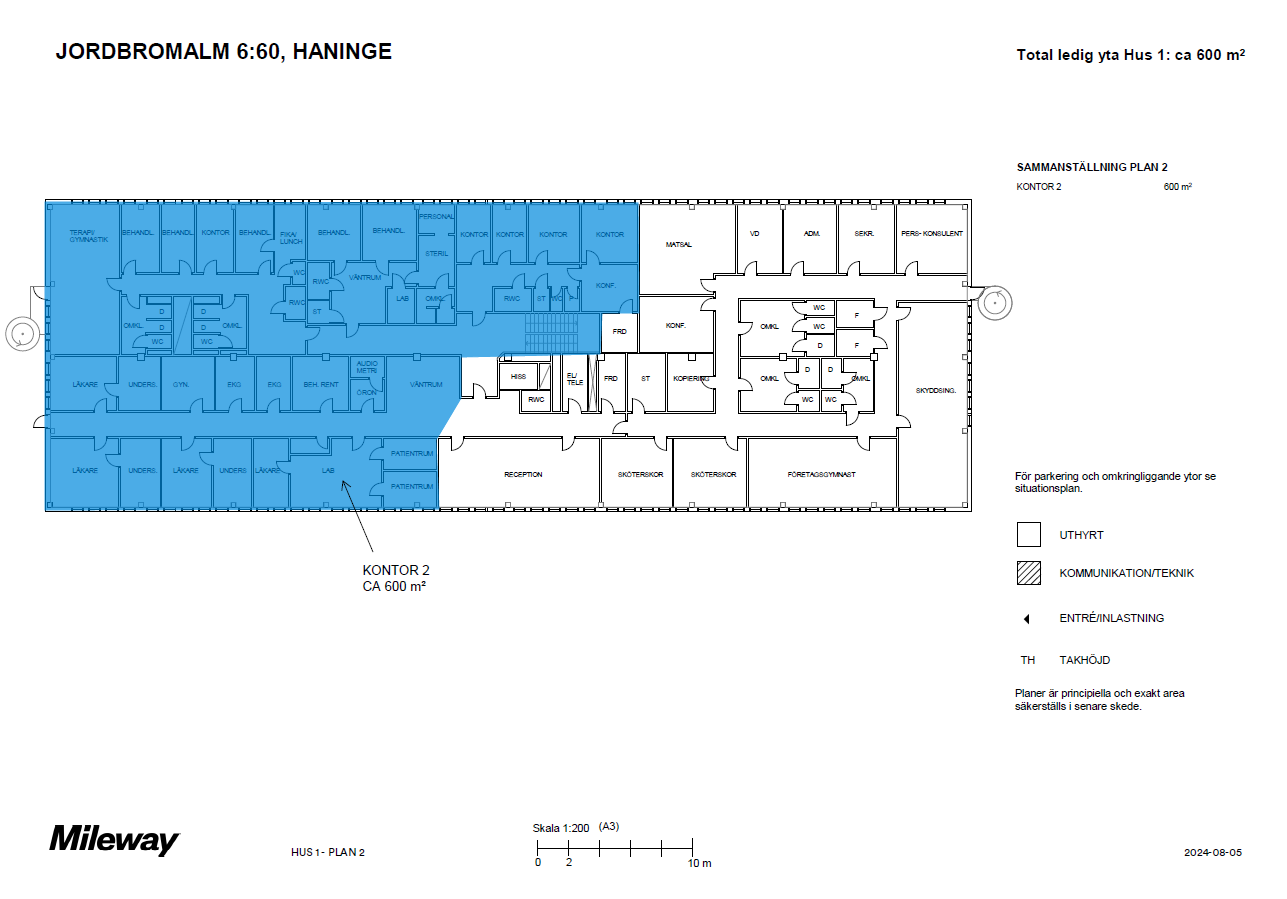 Planritning över en kontorsbyggnad med markerade sektioner märkta KONTOR 2 CA 600 m² i blått, som visar rum, korridorer och byggnadsfunktioner.