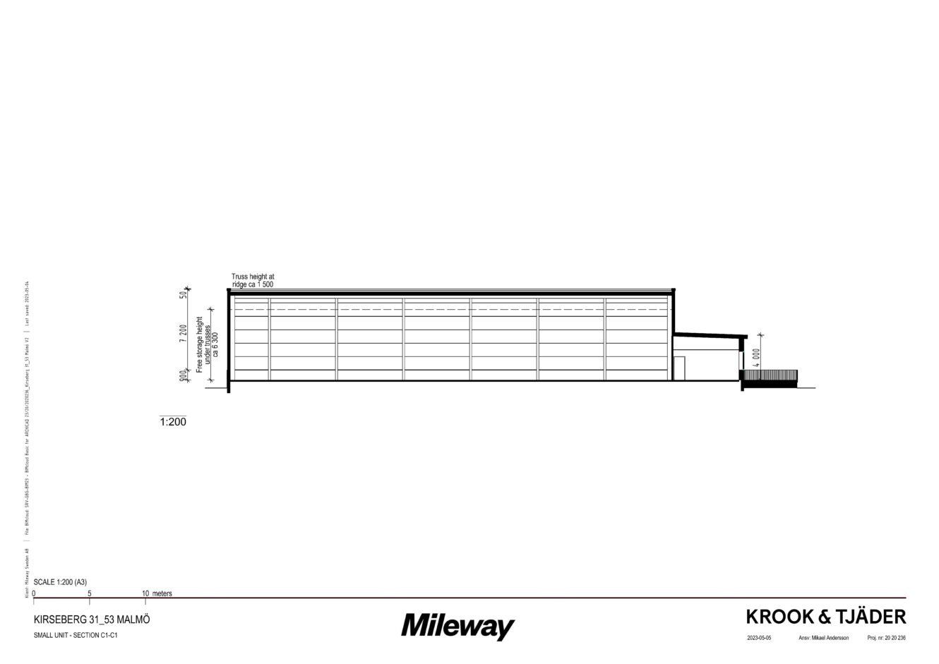 Arkitektonisk sektionsritning av en envåningsbyggnad märkt "Mileway", som visar intern layout, våningsplan och dimensioner; ritad av Krook & Tjäder.