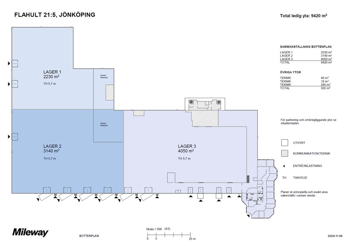 Planritning över en lagerlokal i Jönköping med tre lagerytor (Lager 1, 2, 3), teknikutrymmen och parkering, med angivna mått i kvadratmeter.