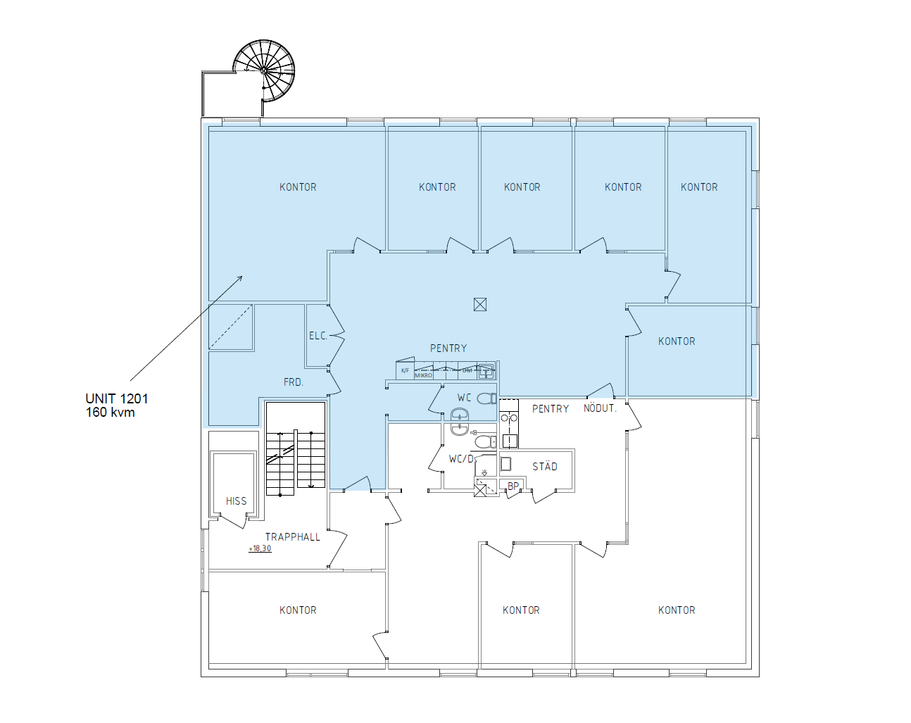 Planritning som markerar UNIT 1201, 160 kvm, i blått. Enheten består av flera kontor märkta KONTOR som omger en central hall och bekvämligheter.