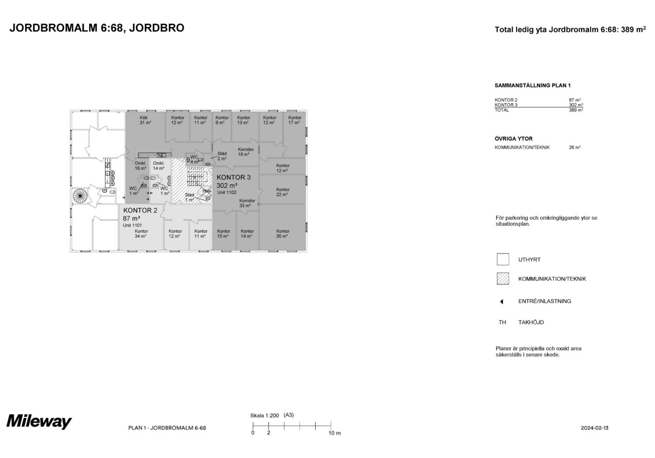 Svartvit planritning över ett kontorsområde märkt JORDBROMALM 6:68, med tre huvudkontor, gemensamma utrymmen, kök, toaletter och en nyckel för symboler.
