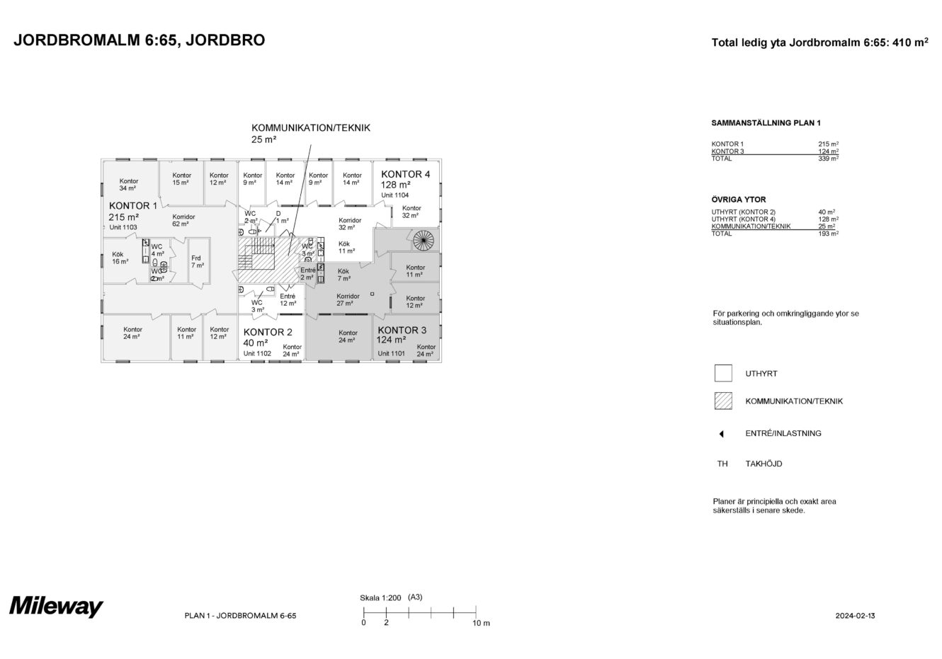 Svartvit planritning som visar kontorslayout med märkta rum, mått och teckenförklaring för symboler; titel och tekniska detaljer visas överst och nederst i bilden.
