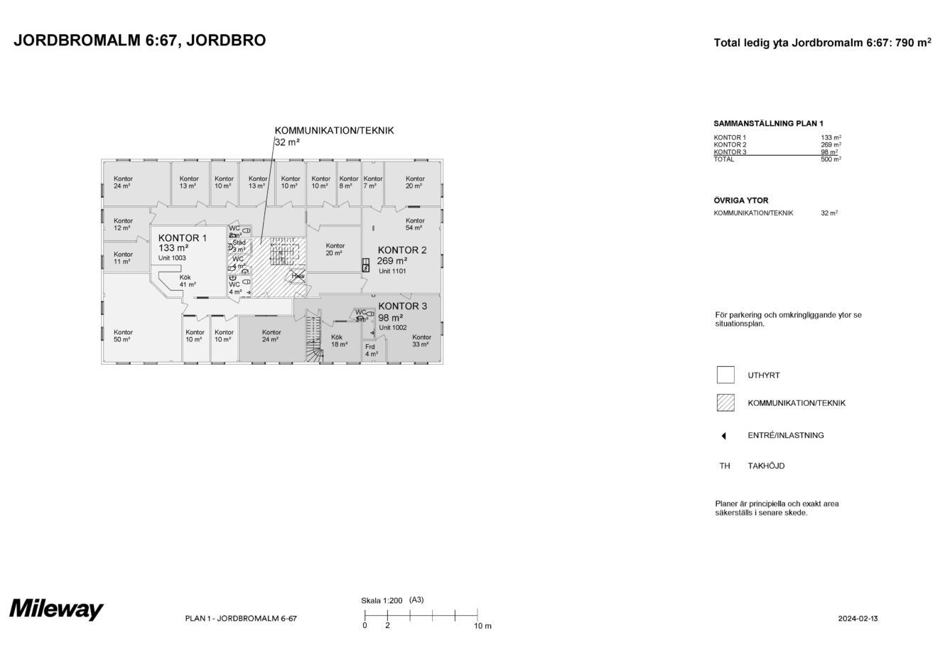 Planritning över Jordbromalm 6:67 i Jordbro som visar tre huvudsakliga kontorsytor, teknikrum, entréer och parkeringsinformation. Total uthyrningsbar yta är 790 m².
