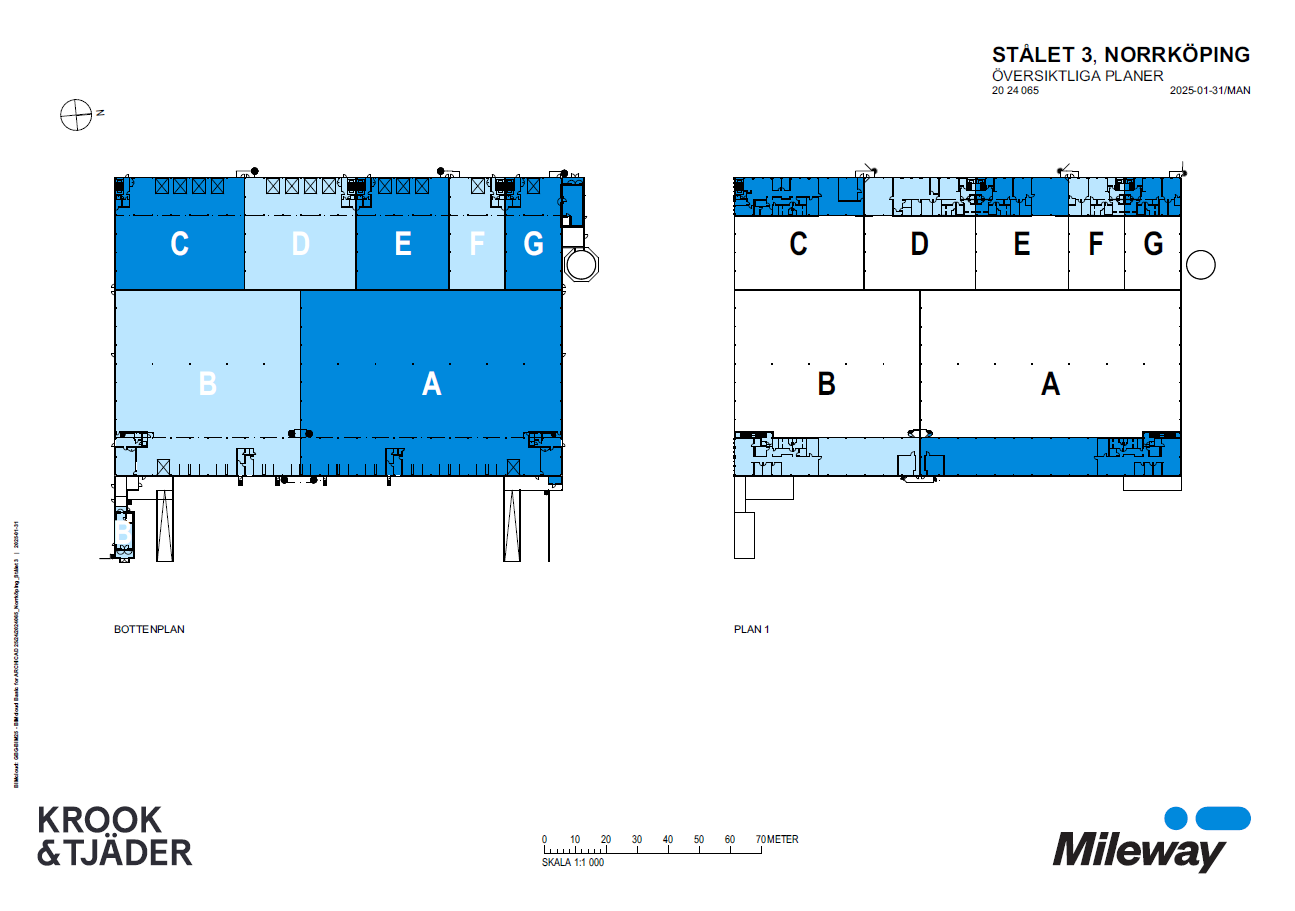 Planritning över två våningsplan märkta A till G, med rummen skuggade i varierande blåtoner. Logotyper för Krook & Tjäder och Mileway visas längst ner till vänster och höger.