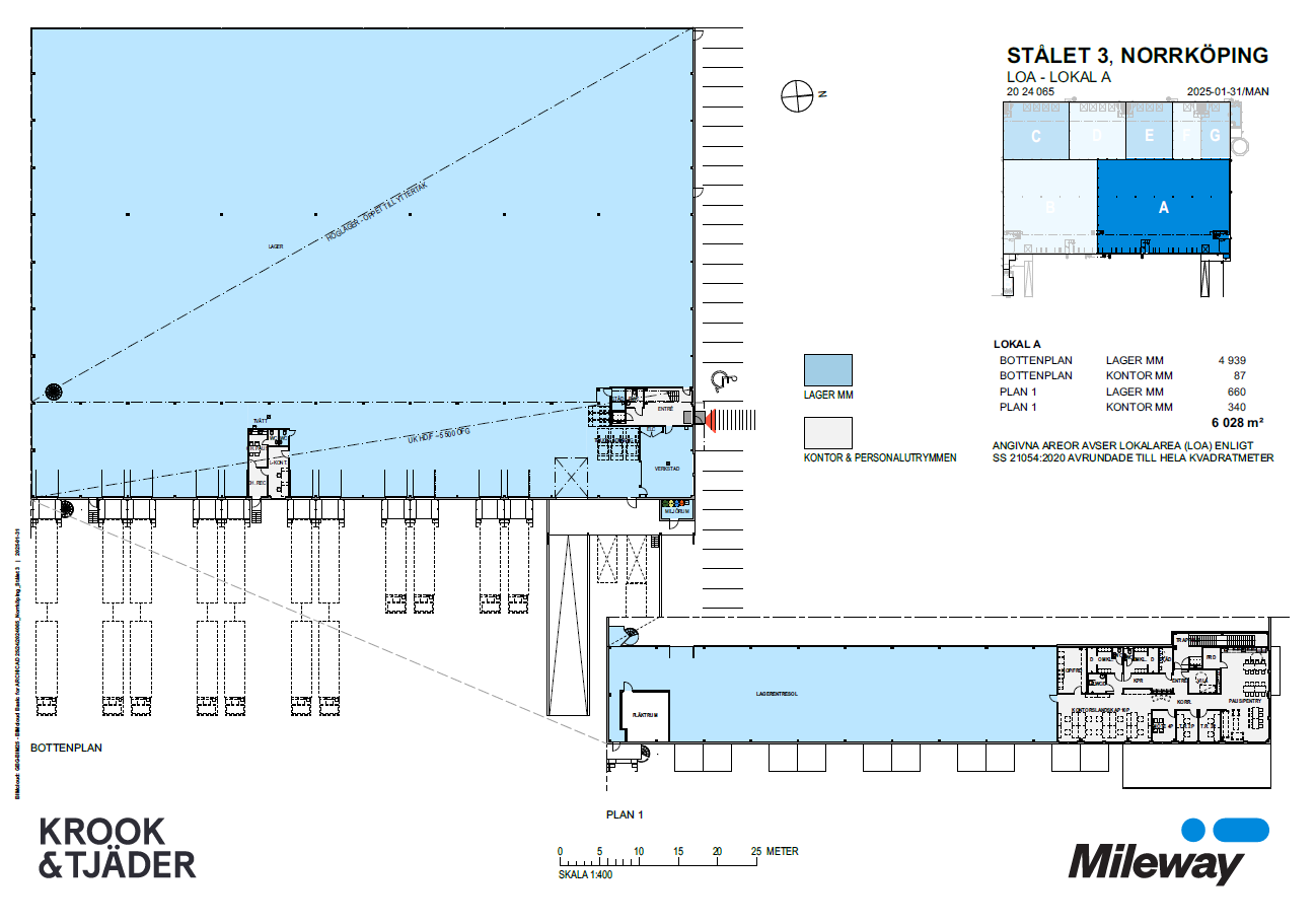 Planritning över Stålet 3, Norrköping, som visar lager- och kontorsytor med markerade sektioner, mått och en situationsplan. Logotyper för Krook & Tjäder och Mileway är synliga.