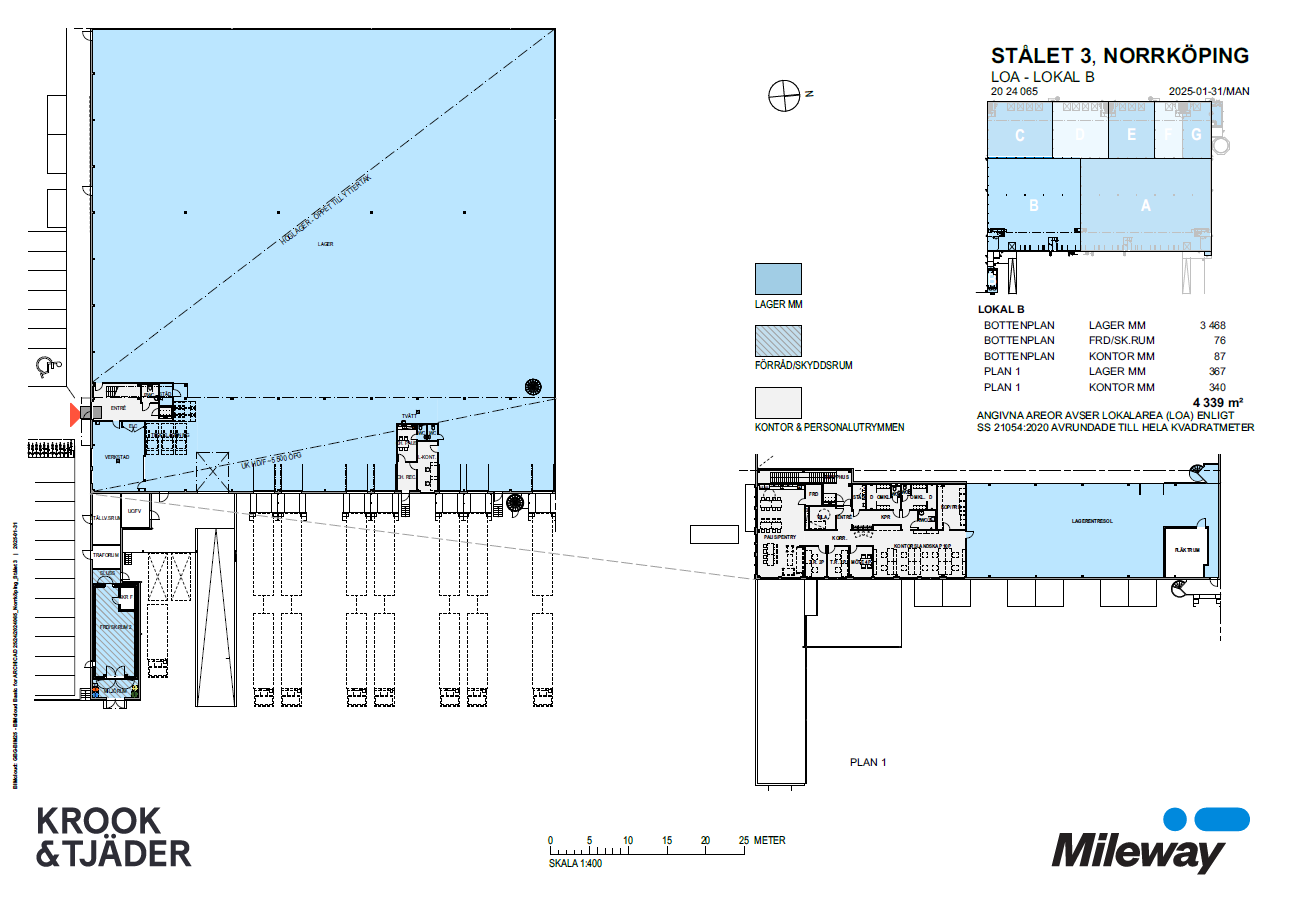 Arkitektonisk planritning över Stålet 3, Norrköping, som visar planlösningen för lastkajer, lager, kontor och märkta rum, med logotyper för Krook & Tjäder och Mileway.