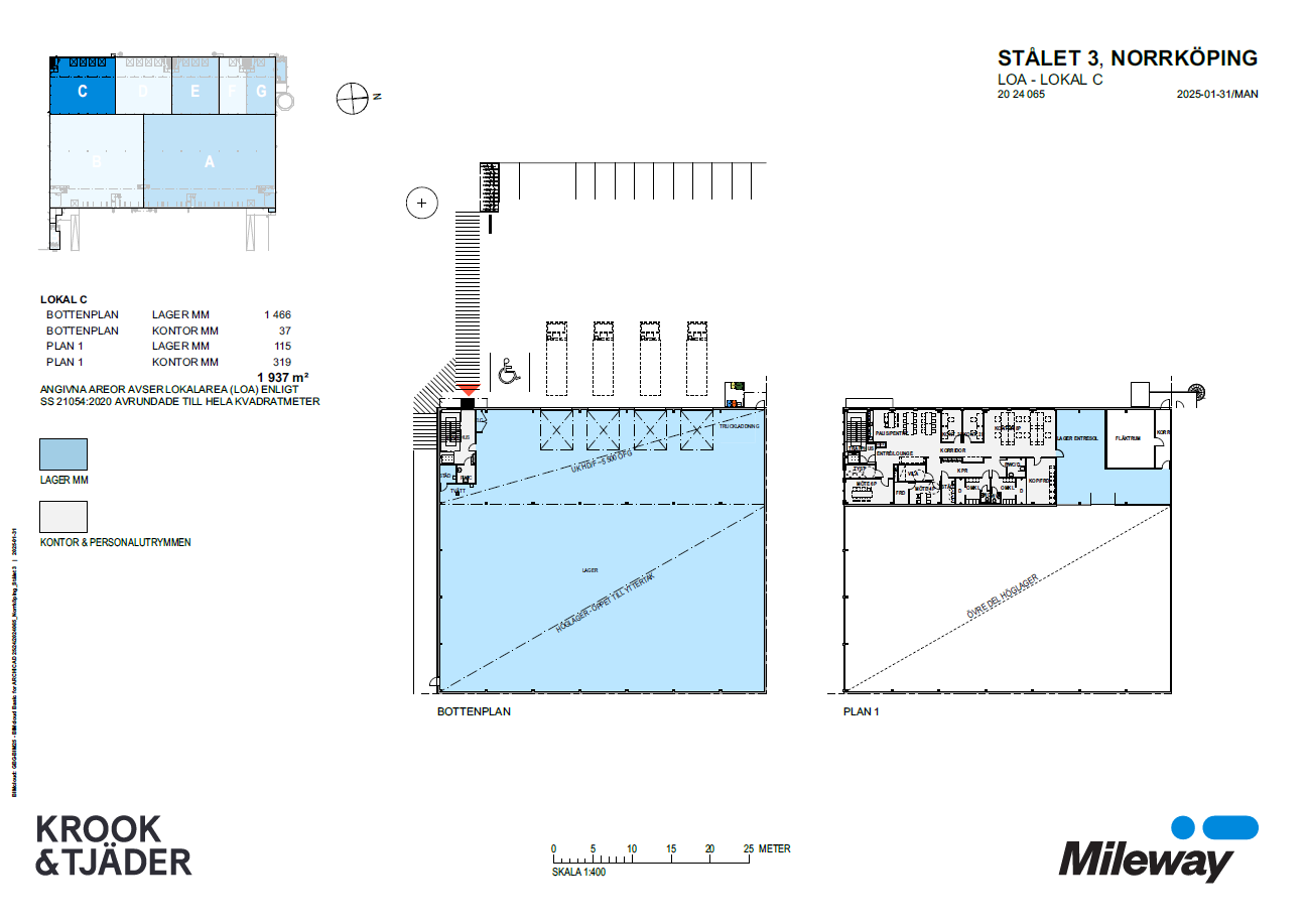 Teknisk planritning för Stålet 3, Norrköping, som visar två plan med markerade förråd, kontor, entréer och lokaler; inkluderar företagslogotyper och skalstreck nedtill.