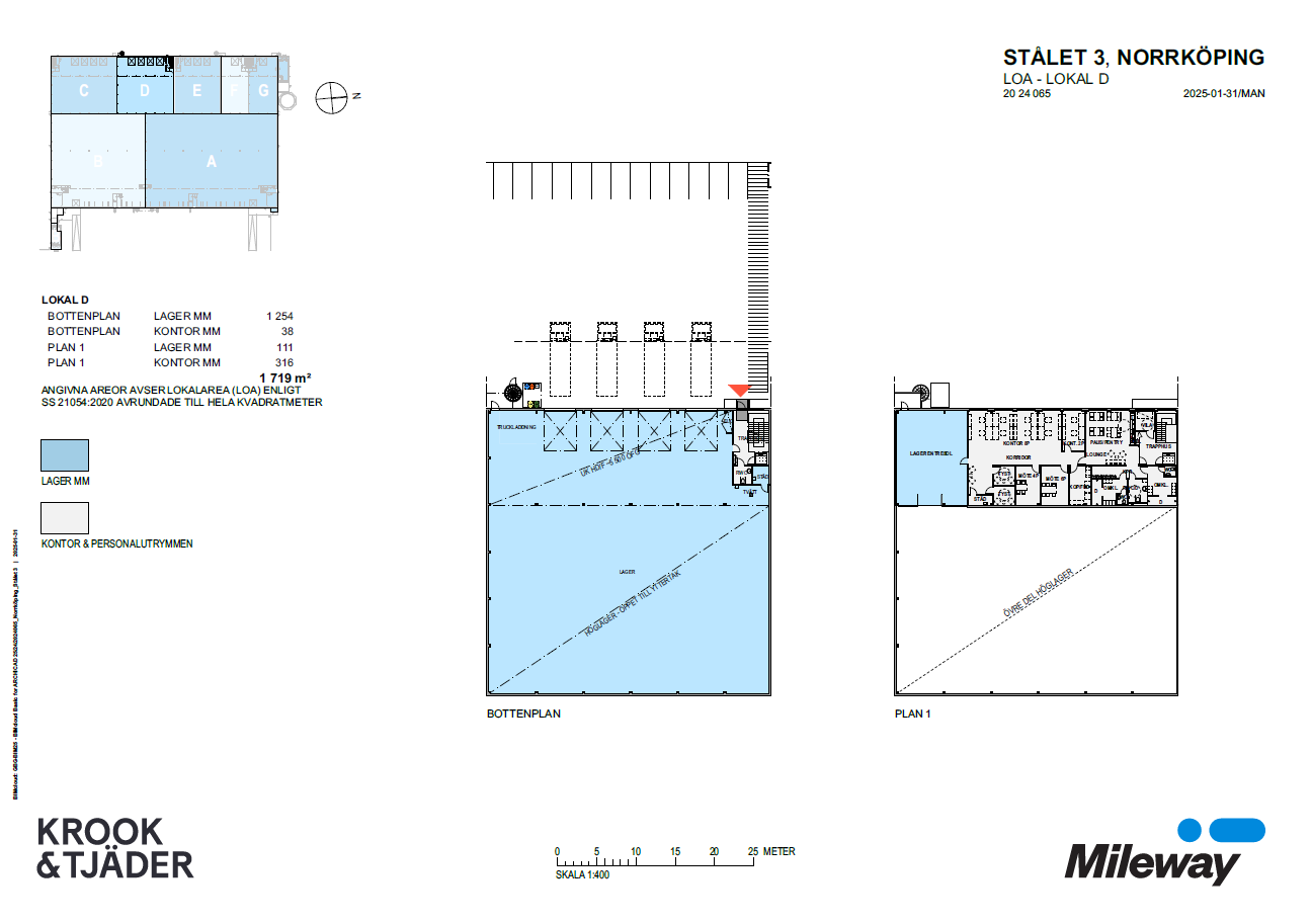 Arkitektonisk planritning för Stålet 3, Lokal D i Norrköping som visar två plan med markerade ytor, mått och teckenförklaring. Logotyper för Krook & Tjäder och Mileway ingår.
