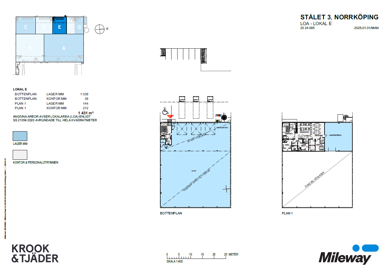 Arkitektonisk planritning för Stålet 3, Norrköping, Lokal E, som visar lagerlayout, kontorsyta, entréer och mått, med logotyper för Krook & Tjäder och Mileway.