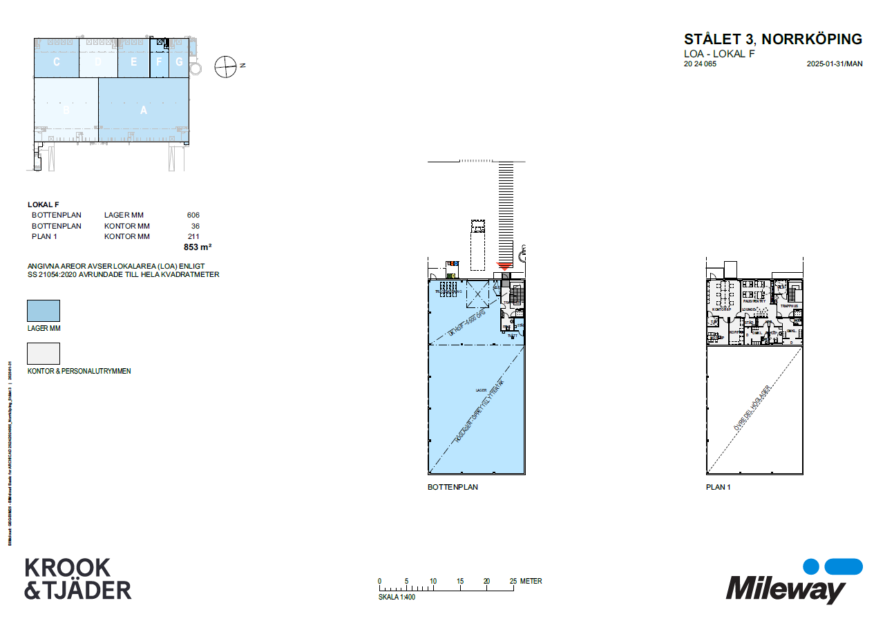 Arkitektoniska planritningar för Stålet 3, Norrköping, som visar botten- och övervåningsplan i en lokal, med markerade utrymmen och mått, skapade av Krook & Tjäder för Mileway.