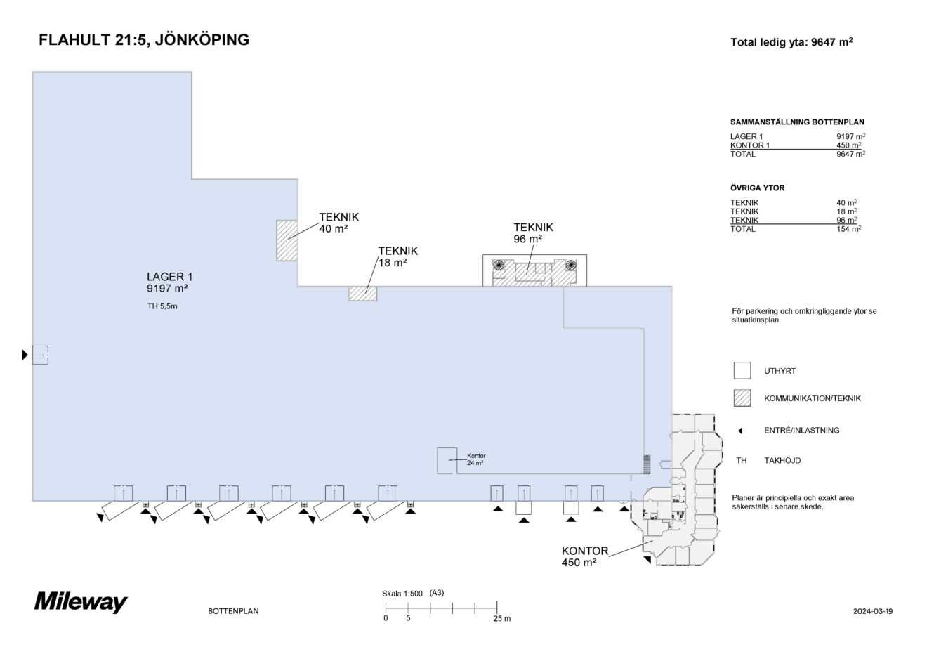 Planritning över en industribyggnad i Flahult, Jönköping, som visar lager, teknikutrymmen, kontor, parkering och hyresinformation.