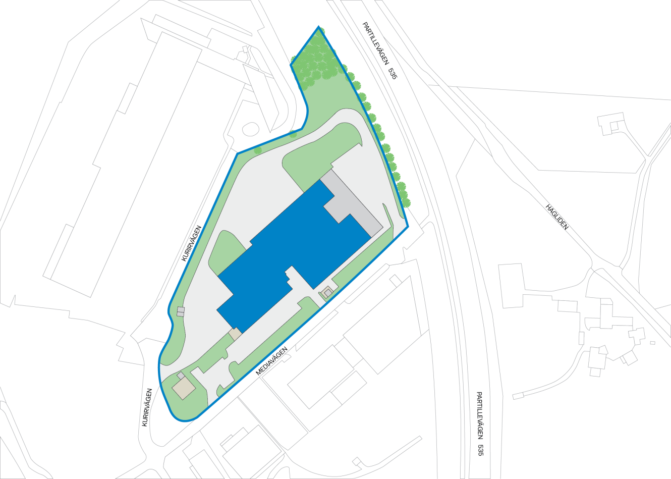Plankarta som visar ett byggnadskomplex i blått, omgivande vägar märkta som Pavilion Road och Maylands Avenue, med intilliggande grönområden och gångvägar inritade.