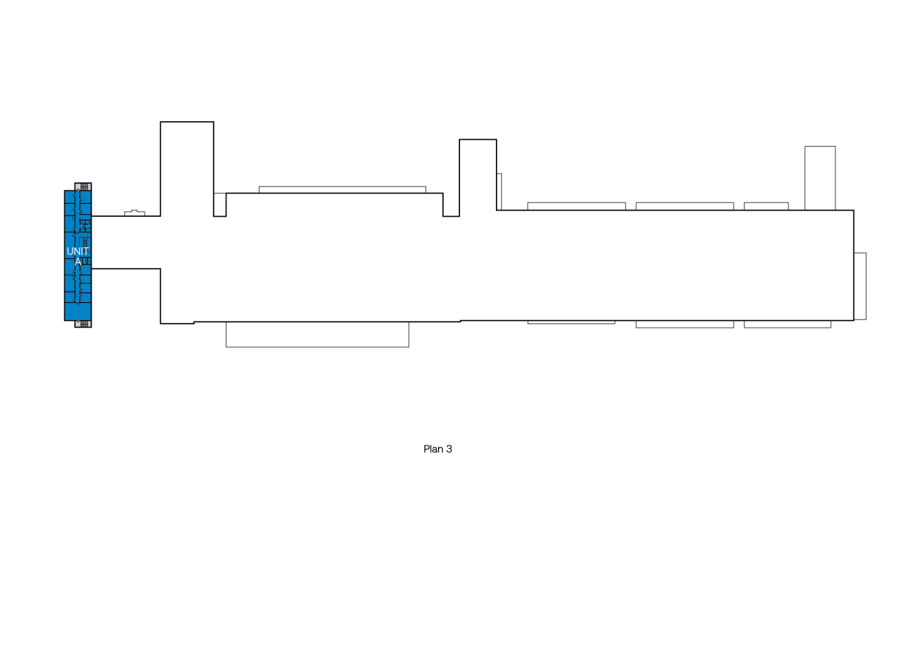 En enkel planritning märkt Plan 3 med en blå sektion märkt UNIT A längst till vänster i byggnadsritningen.
