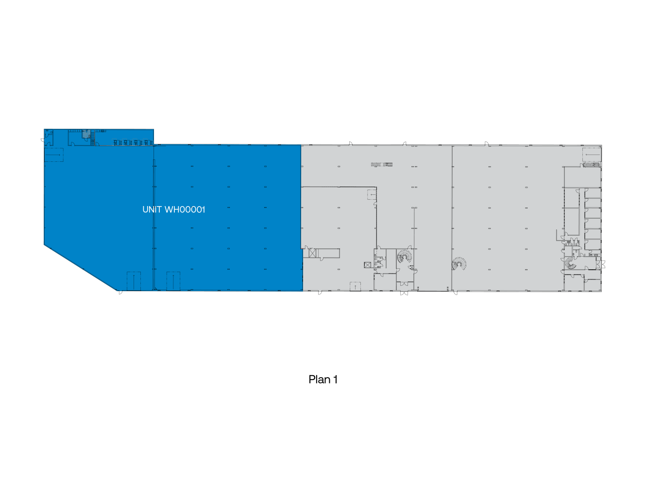 Planritning märkt Plan 1 med en sektion till vänster markerad med blått och märkt UNIT WH00001; resten av planritningen är grå.