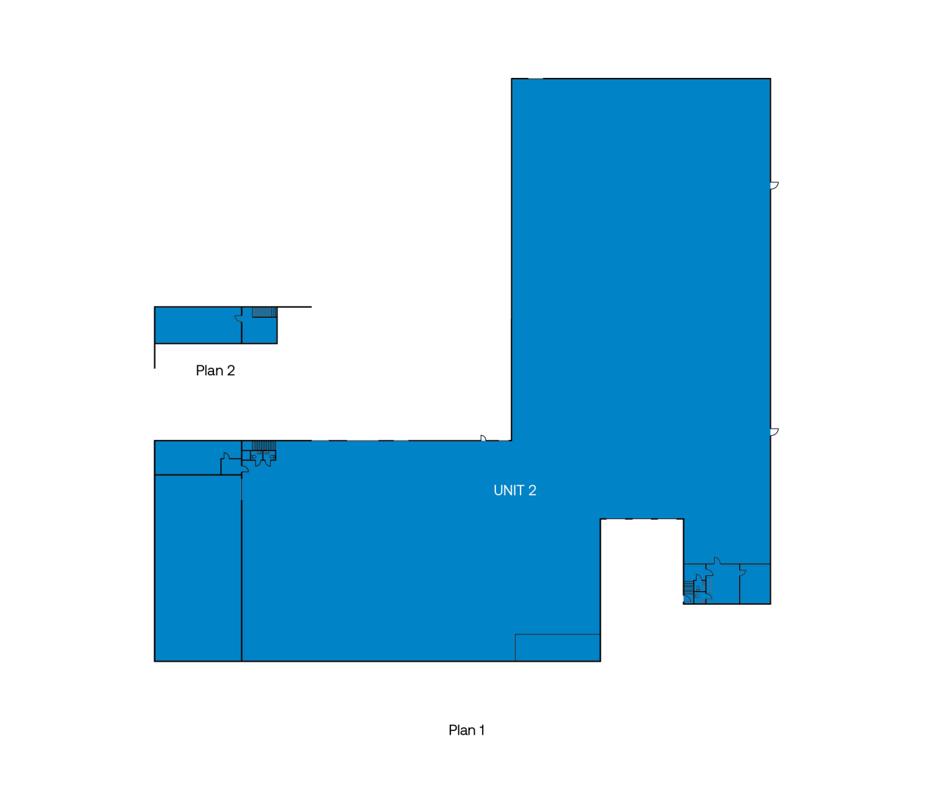 Blåkopia som visar två märkta enheter, Unit 2 och två planritningar, Plan 1 och Plan 2, med olika innerväggar och dörrar; huvudområdet markerat med blått.