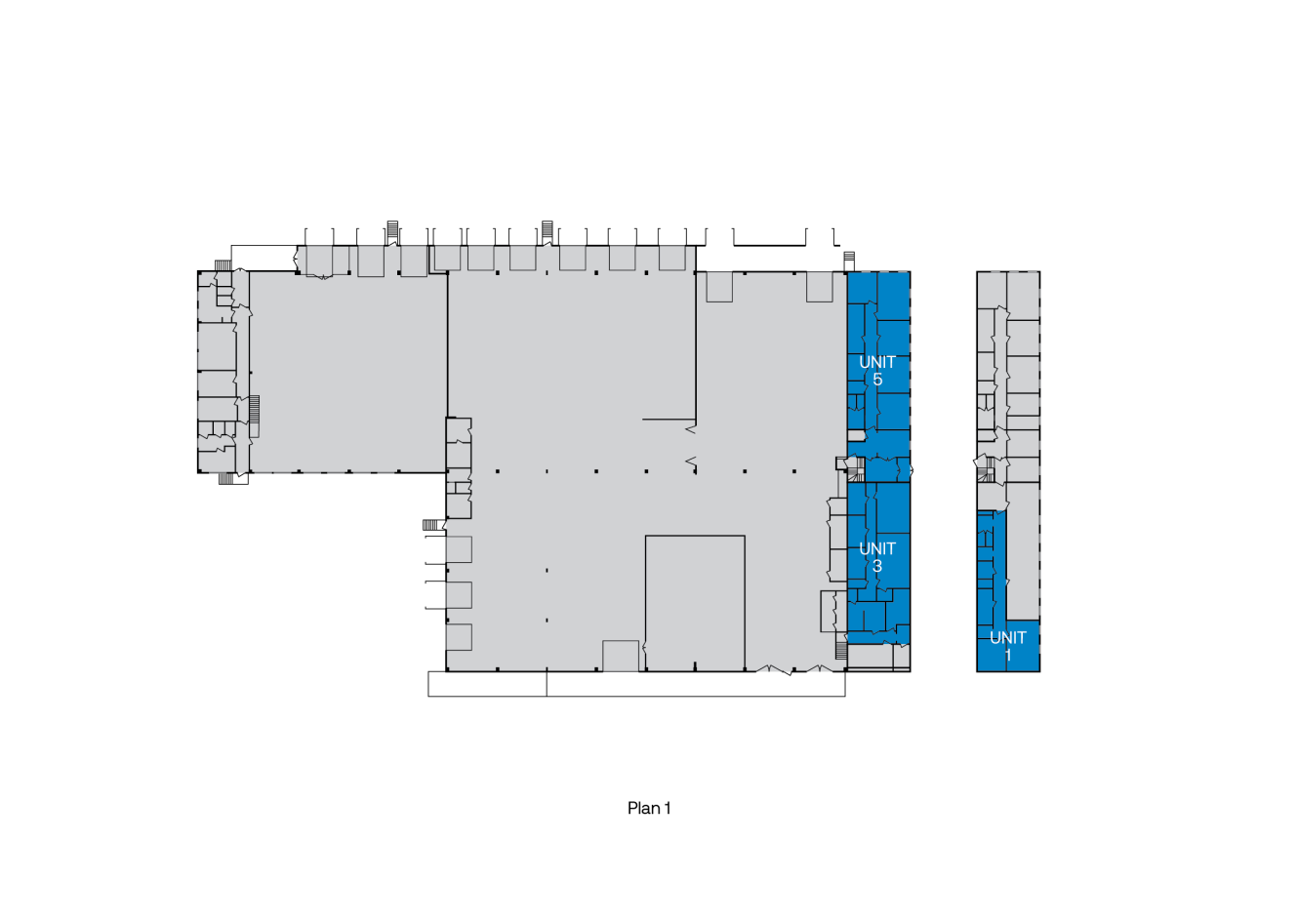 Planritning som visar en stor byggnad med tre områden märkta UNIT 3, UNIT 5 och UNIT 6, markerade med blått på höger sida.