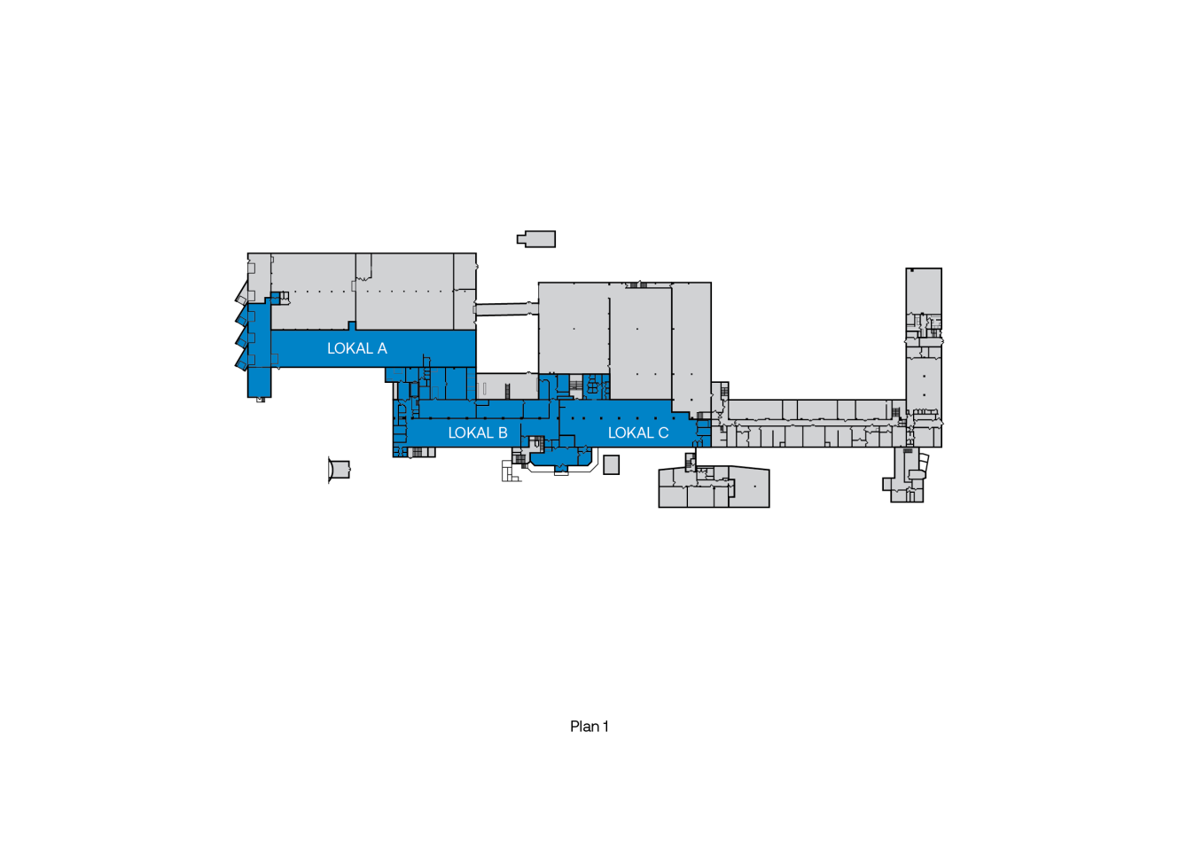 En planritning över en byggnad med tre områden märkta Lokal A, Lokal B och Lokal C markerade med blått; resten av planlösningen visas i grått.