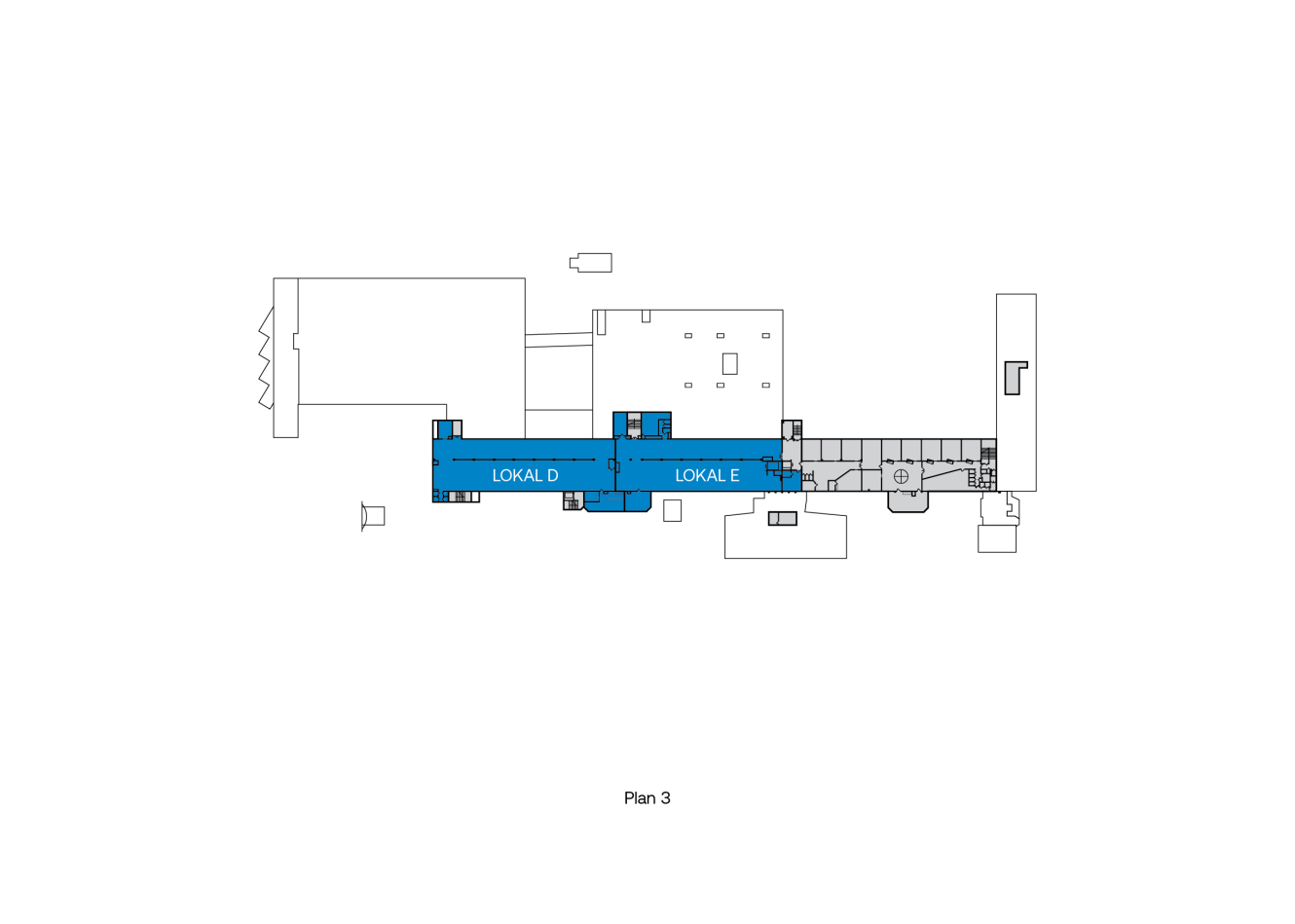 Planritning märkt Plan 3 med markerade sektioner märkta LOKALE D och LOKALE E i blått; andra rum och strukturella element är markerade i svart.