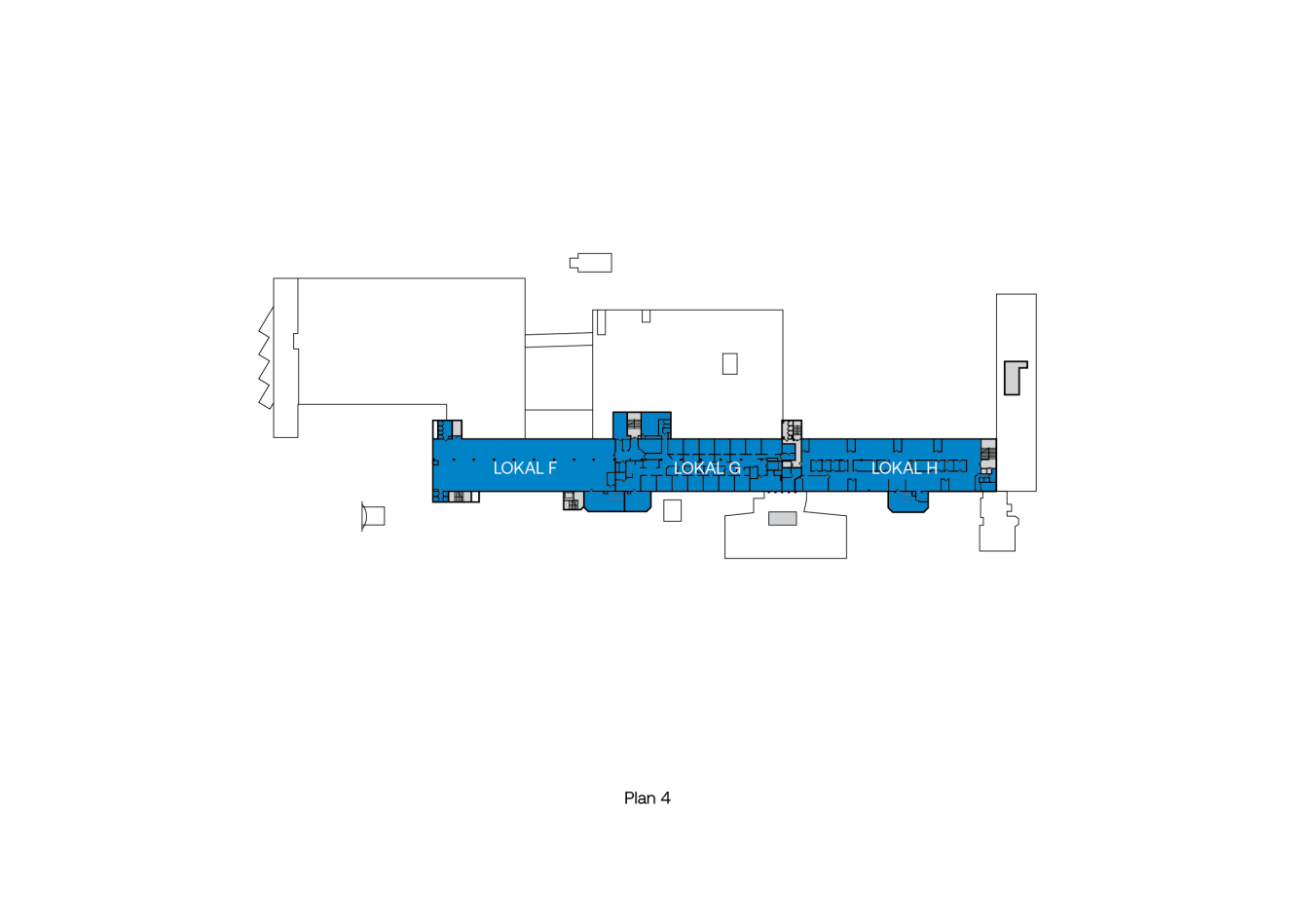 Arkitektonisk planritning märkt Plan 4 som visar en byggnadslayout med områden markerade som LOKAL F, LOKAL G och LOKAL H markerade med blått.