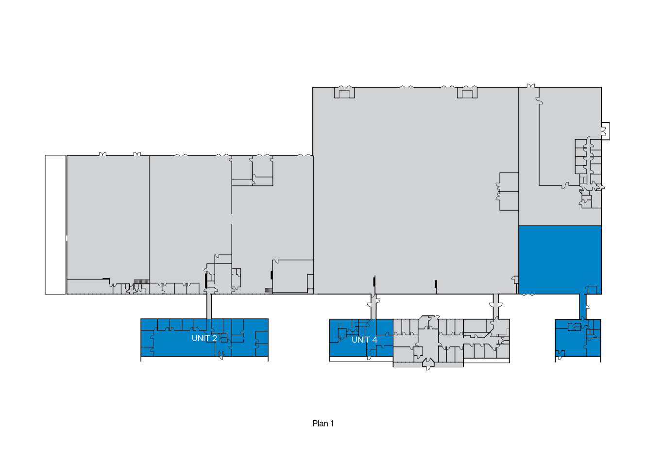 Planlösningen markerar UNIT 2, UNIT 3, UNIT 4 och UNIT 5 i blått; övriga områden är skuggade i grått och vitt.