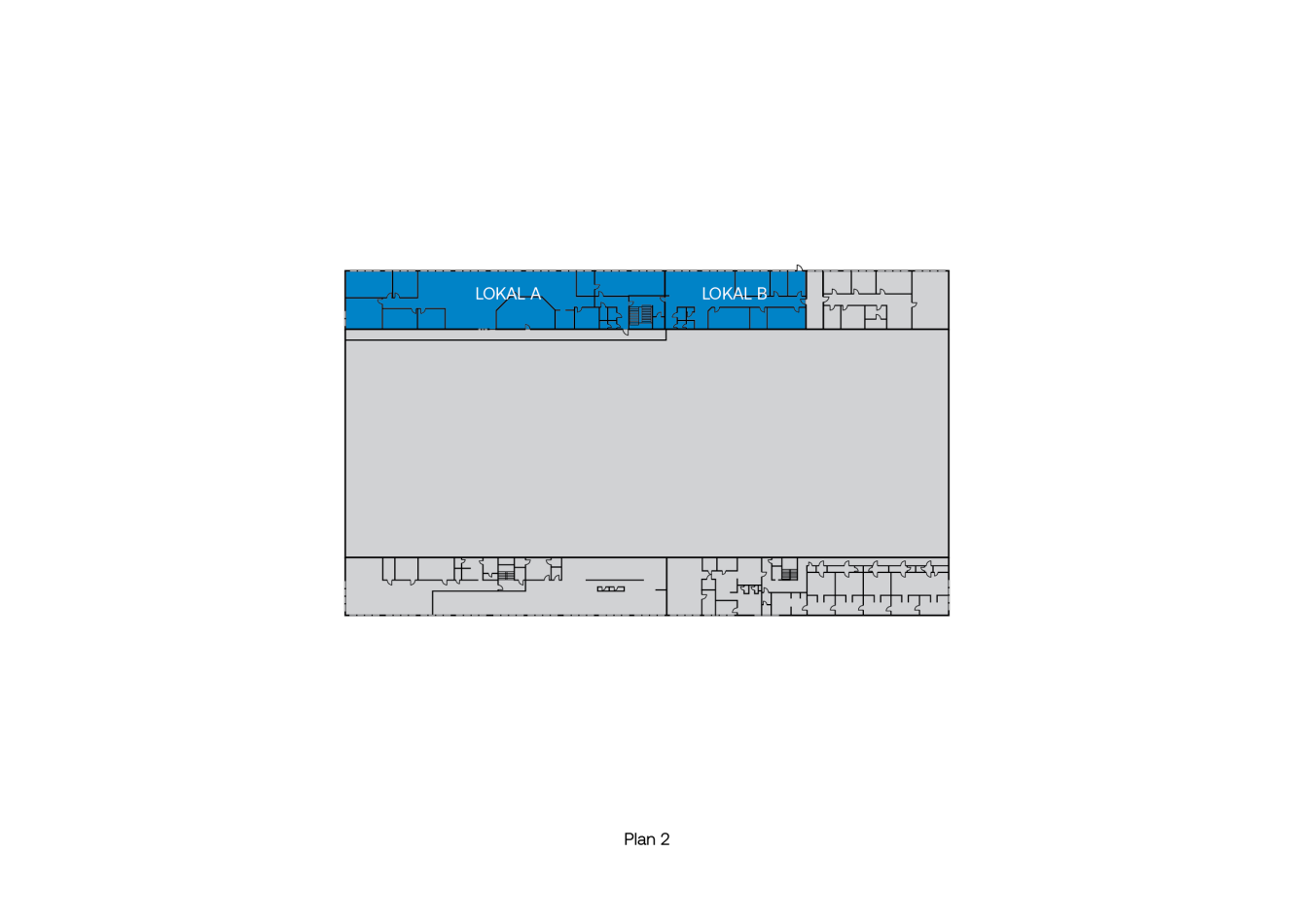 Planritning med två områden märkta LOKAL A och LOKAL B markerade med blått i den övre sektionen; övriga sektioner är ofärgade. Etiketten Plan 2 är centrerad nedanför.